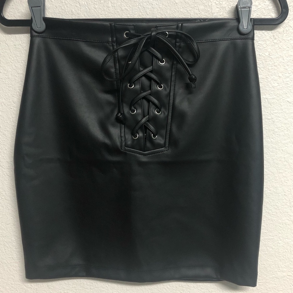 Black Faux Leather Shoelace Detail Skirt